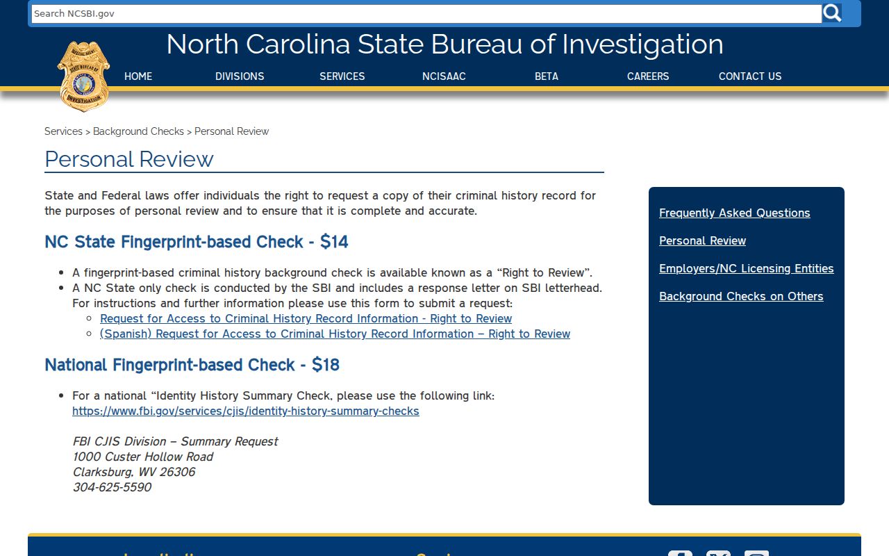 Madison County criminal history SBI fingerprint personal review